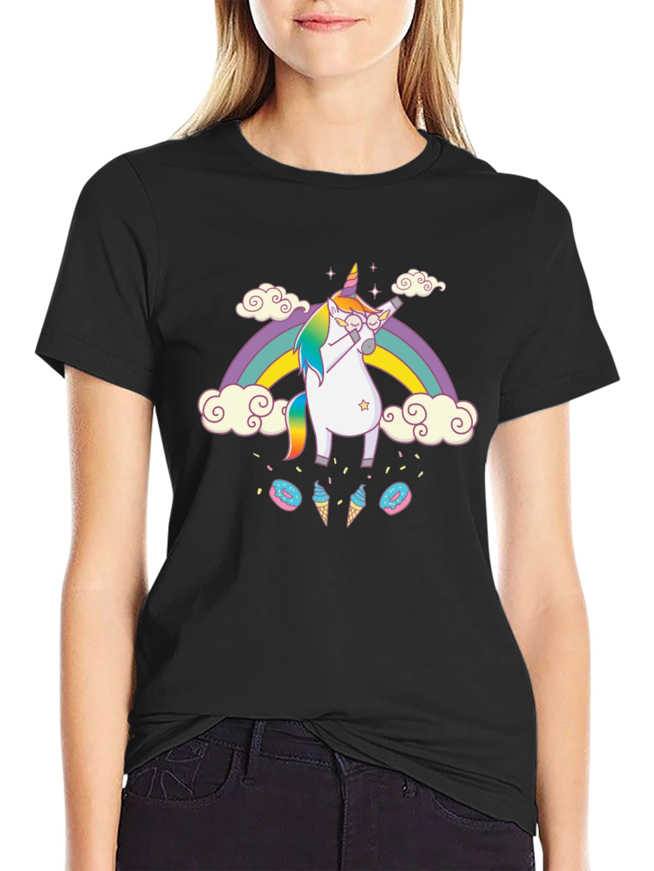 Camiseta Negra Unicornio Dabbing Arcoíris