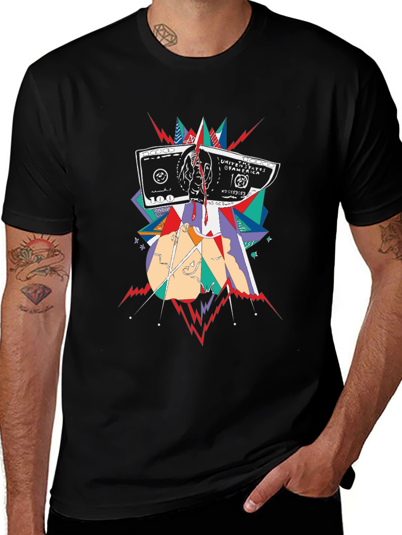 Camiseta Negra con Diseño Abstracto de Billete de $100