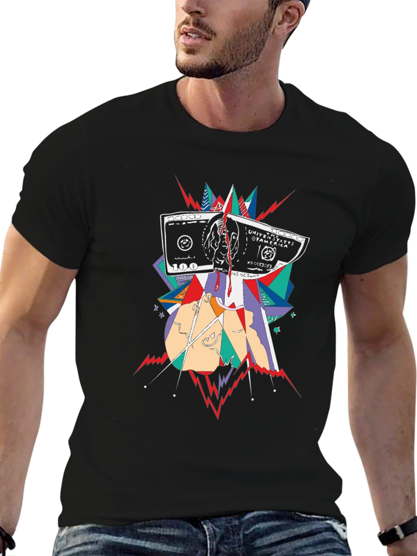 Camiseta Negra con Diseño Abstracto de Billete de $100