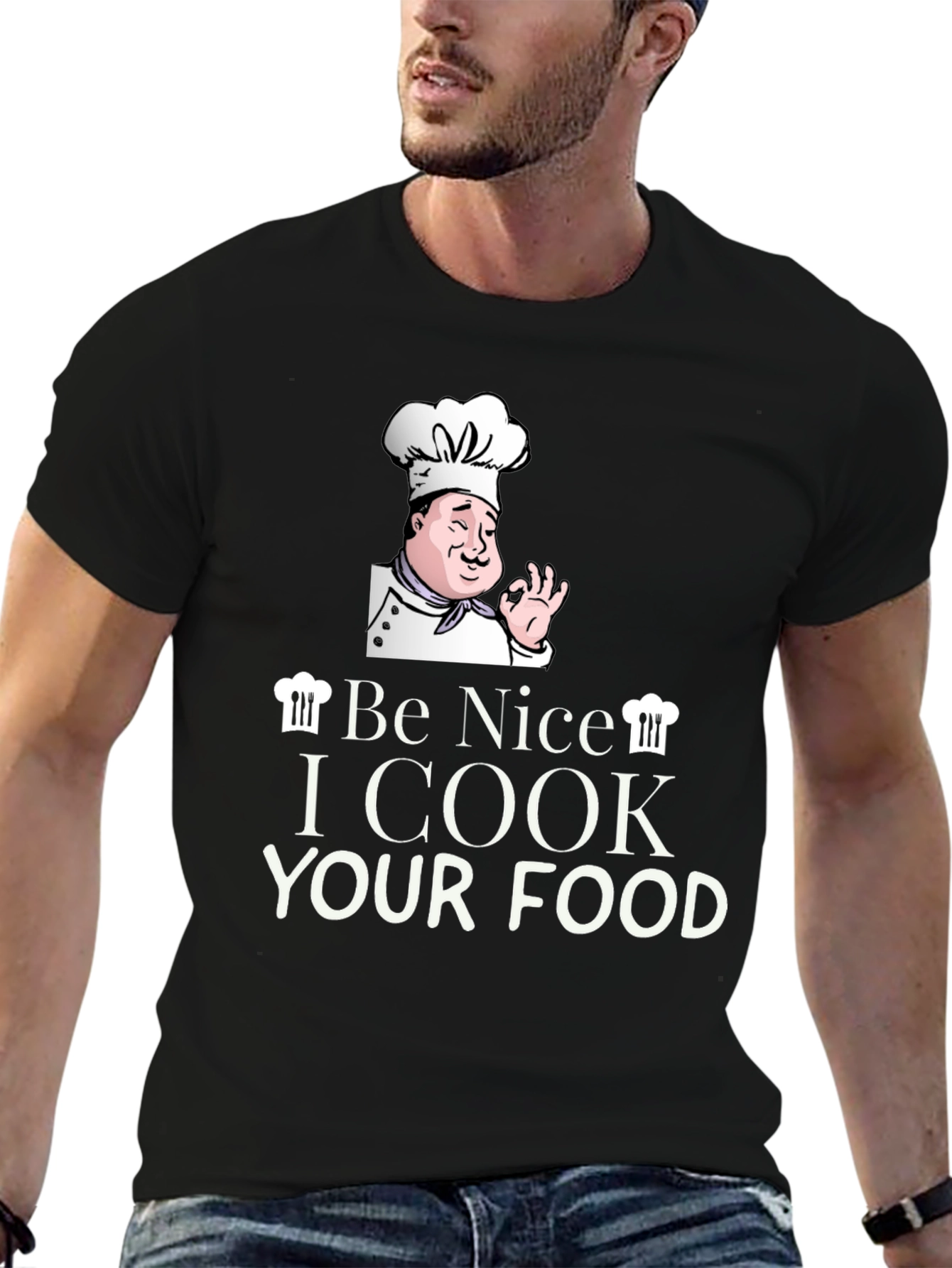 Camiseta Negra Be Nice I Cook Your Food