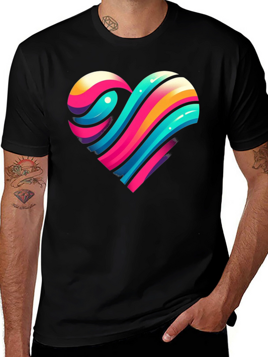 Camiseta Negra con Corazón de Rayas Coloridas
