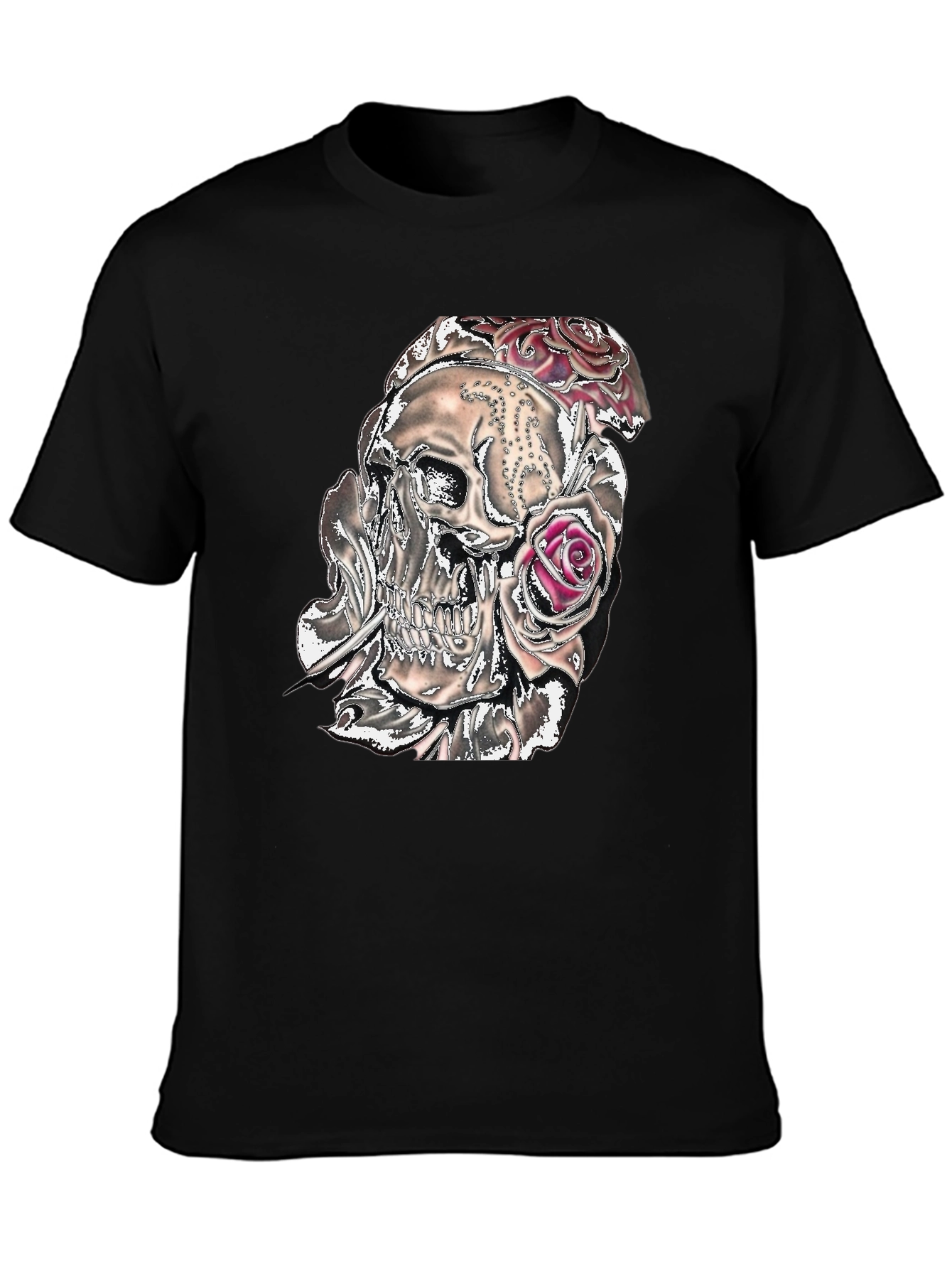 Camiseta Negra con Calavera y Rosas Gráficas