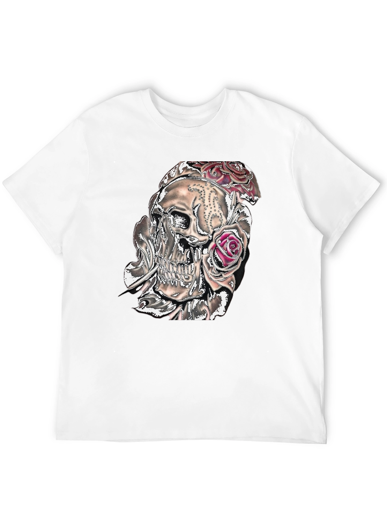 Camiseta Negra con Calavera y Rosas Gráficas