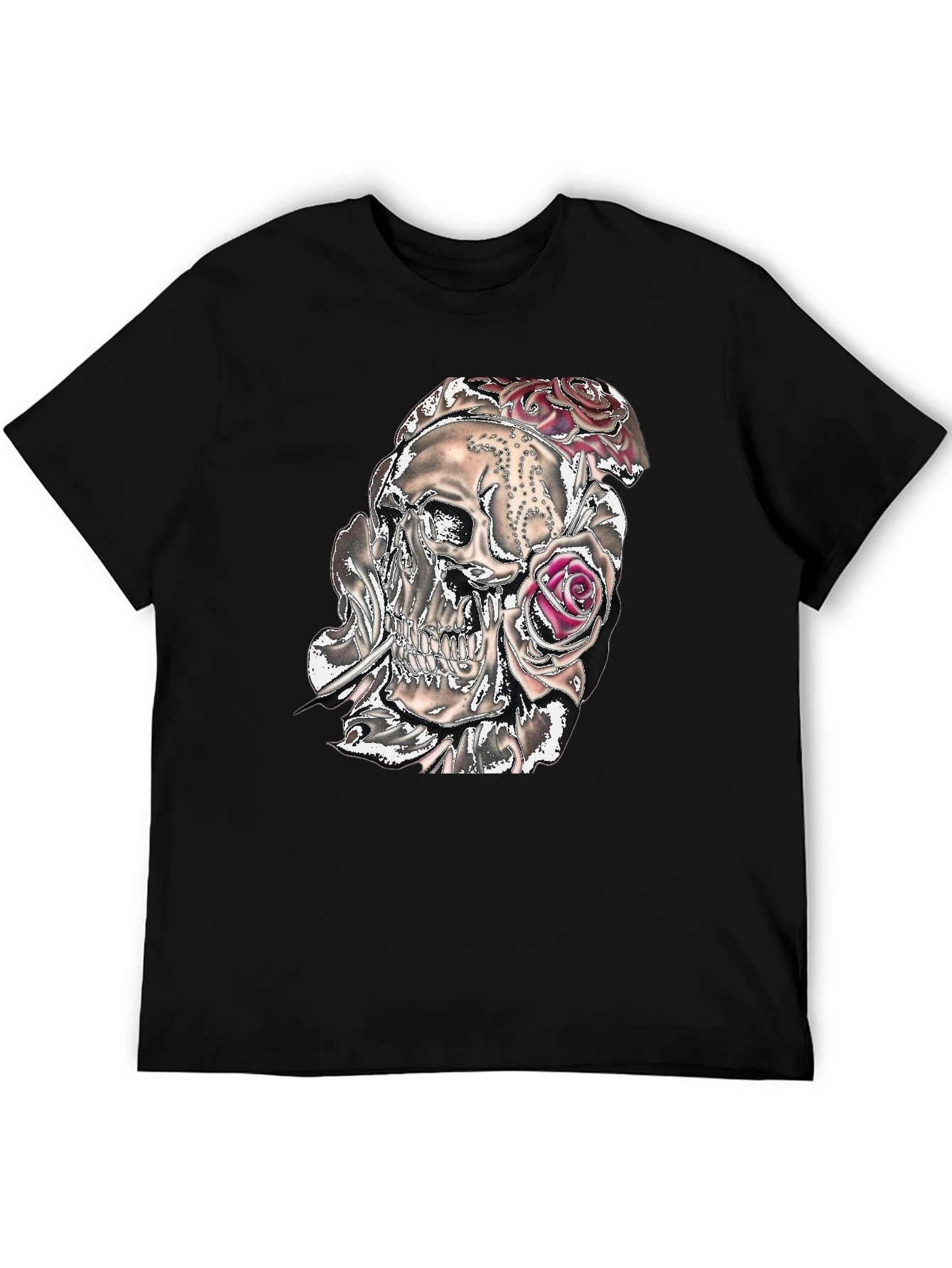 Camiseta Negra con Calavera y Rosas Gráficas