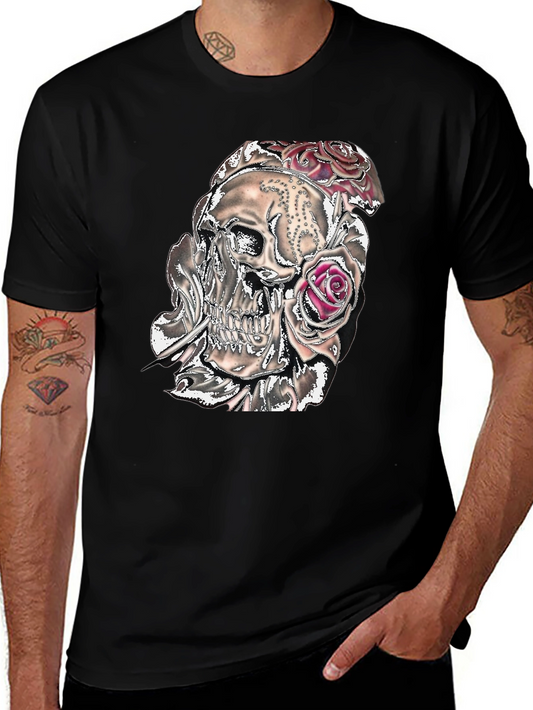 Camiseta Negra con Calavera y Rosas Gráficas