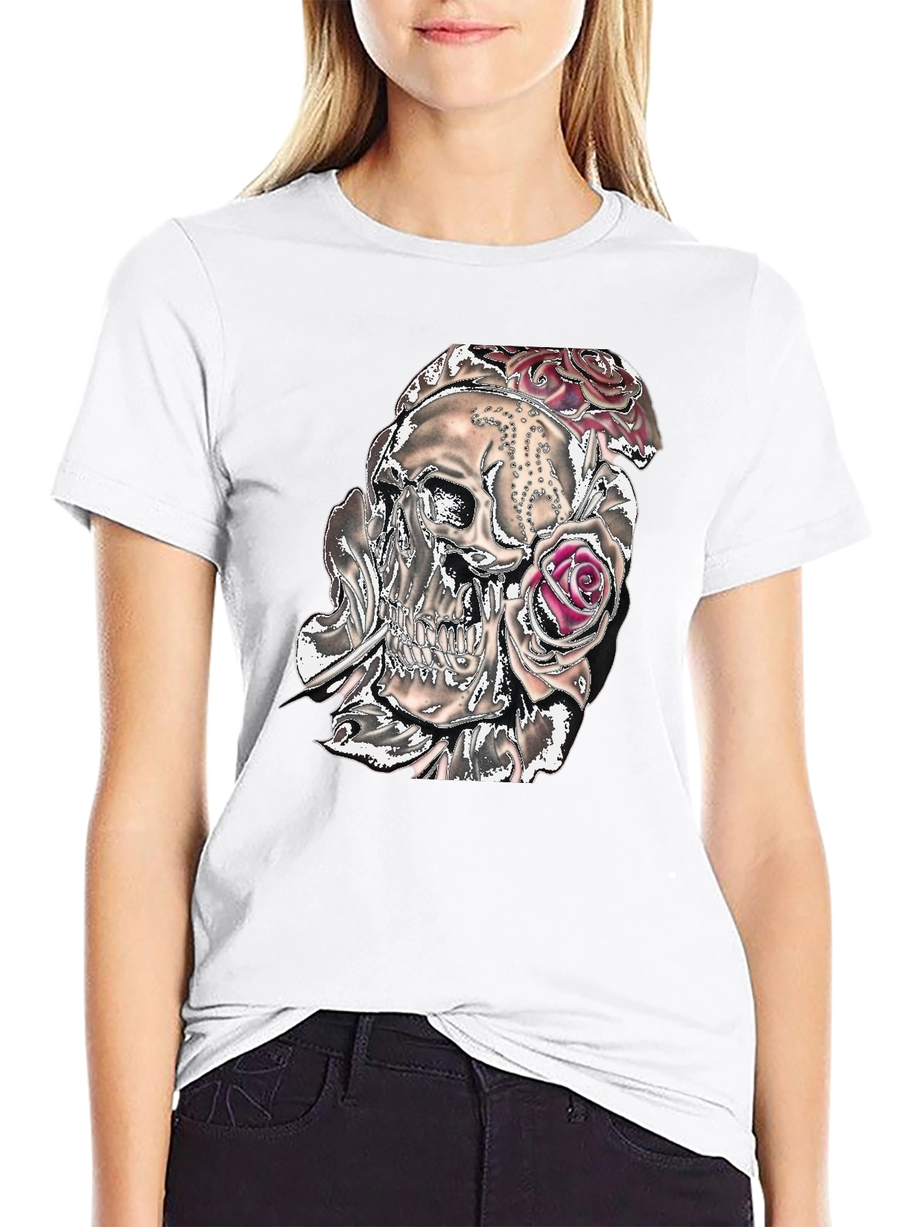 Camiseta Negra con Calavera y Rosas Gráficas
