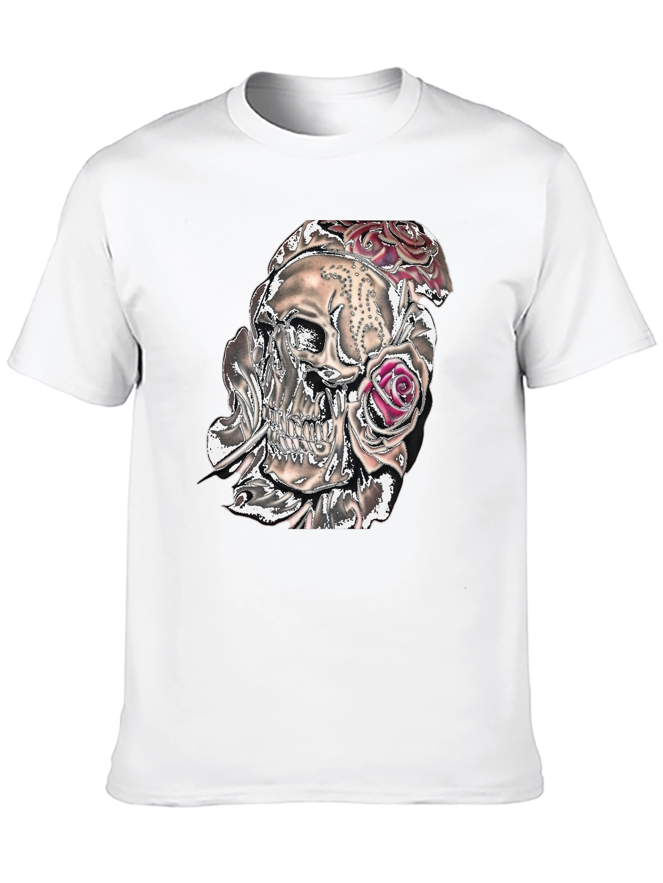 Camiseta Negra con Calavera y Rosas Gráficas