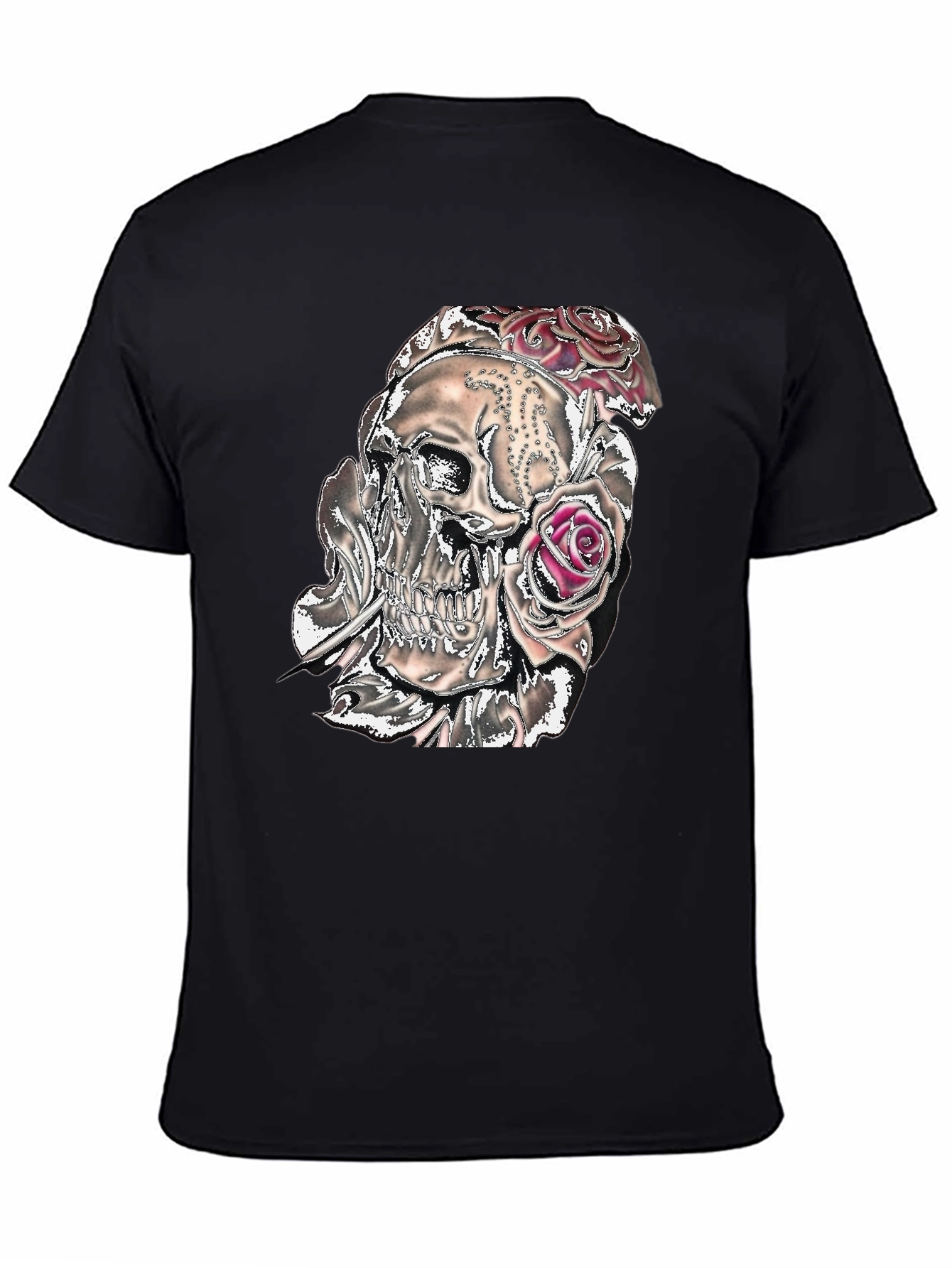 Camiseta Negra con Calavera y Rosas Gráficas